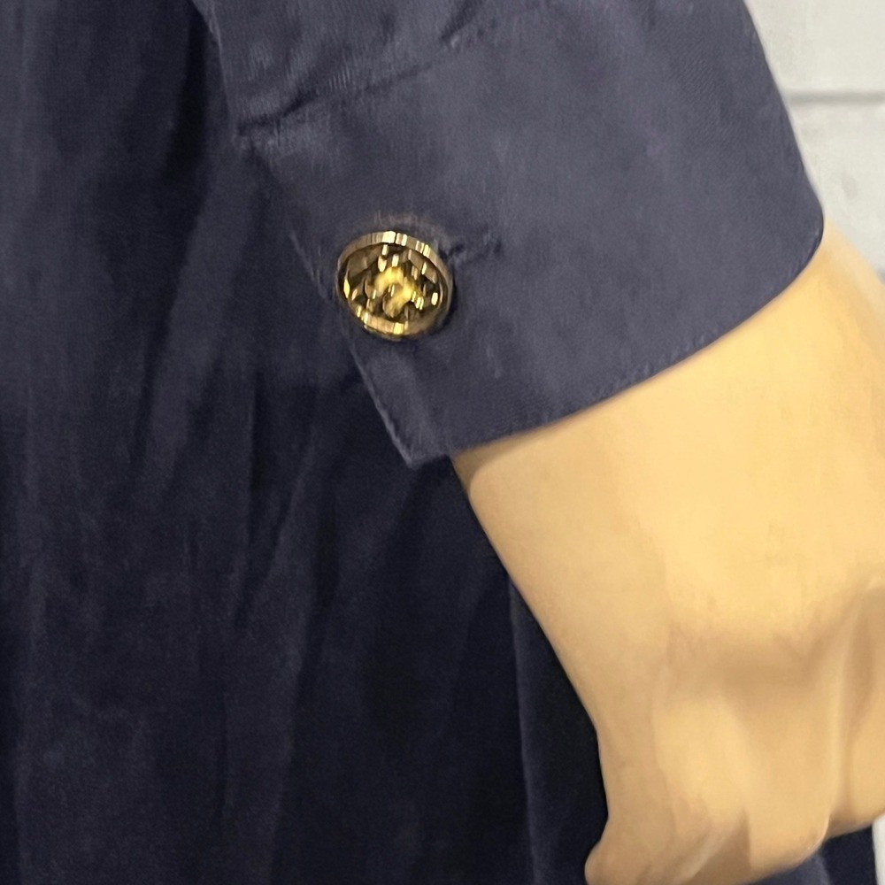 Tory Burch Navy Jersey Long Sleeve Shirt Dress Gold Logo Button Belted Preppy M - Picture 6 of 10